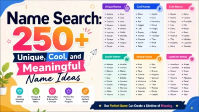Colorful name search graphic featuring 250+ unique, cool, stylish, strong, cute, and meaningful name ideas.