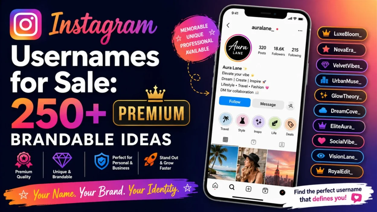 Instagram username ideas graphic with 250+ premium, unique, and brandable handles for personal and business profiles.