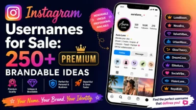 Instagram username ideas graphic with 250+ premium, unique, and brandable handles for personal and business profiles.