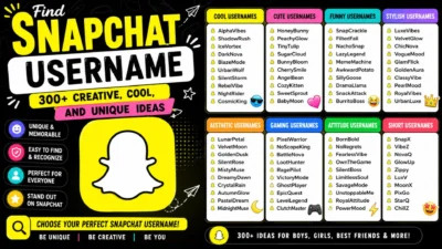 Find Snapchat Username graphic with 300+ cool, cute, funny, stylish, gaming, and aesthetic username ideas.