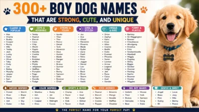 Golden retriever beside an infographic featuring 300+ strong, cute, unique, and funny boy dog names.