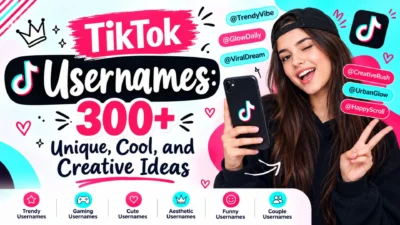 TikTok usernames graphic with 300+ unique, cool, and creative ideas for creators, gamers, couples, and more.