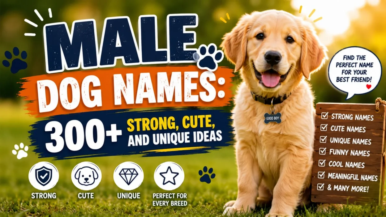 Golden retriever puppy with 300+ strong, cute, and unique male dog name ideas for every breed.