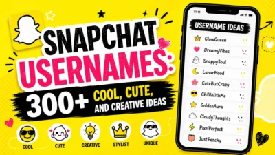 **Alt Text:** Snapchat usernames graphic featuring 300+ cool, cute, and creative ideas displayed beside a smartphone. Snapchat usernames graphic featuring 300+ cool, cute, and creative ideas displayed beside a smartphone.