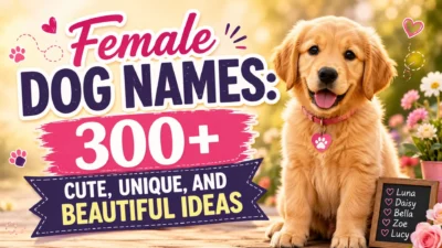 Golden retriever puppy beside 300+ cute, unique, and beautiful female dog name ideas.