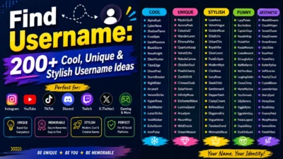 Find username graphic featuring 200+ cool, unique, stylish, funny, and aesthetic username ideas.