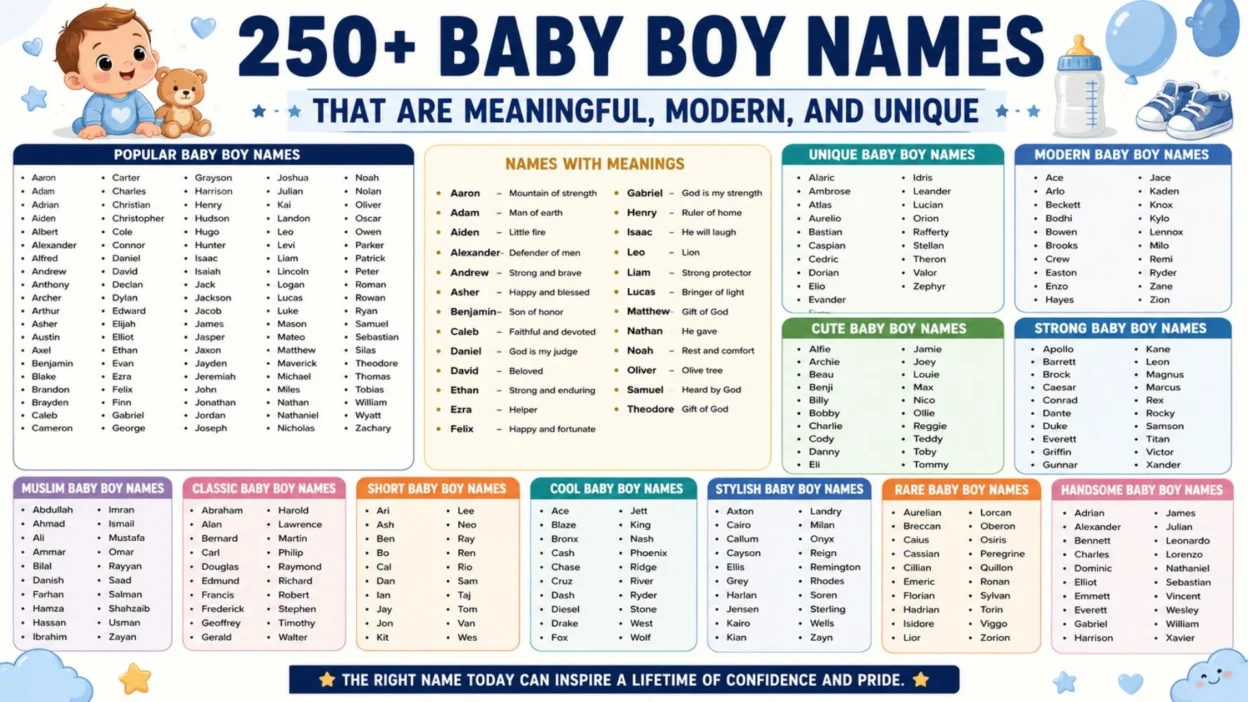 Baby boy names infographic featuring 250+ meaningful, modern, unique, classic, and Muslim name ideas.