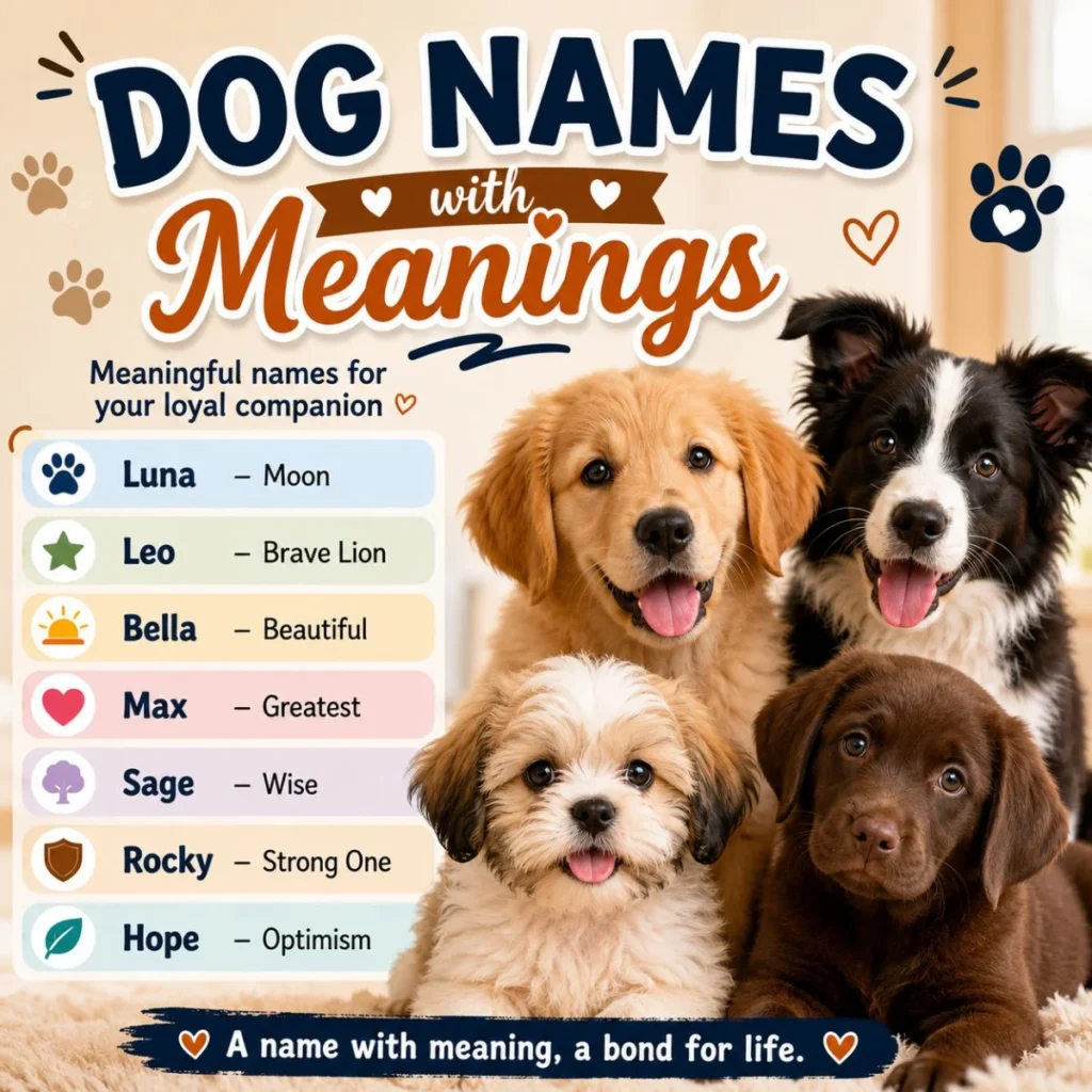 Dog names with meanings featuring four adorable puppies and meaningful name ideas for loyal companions