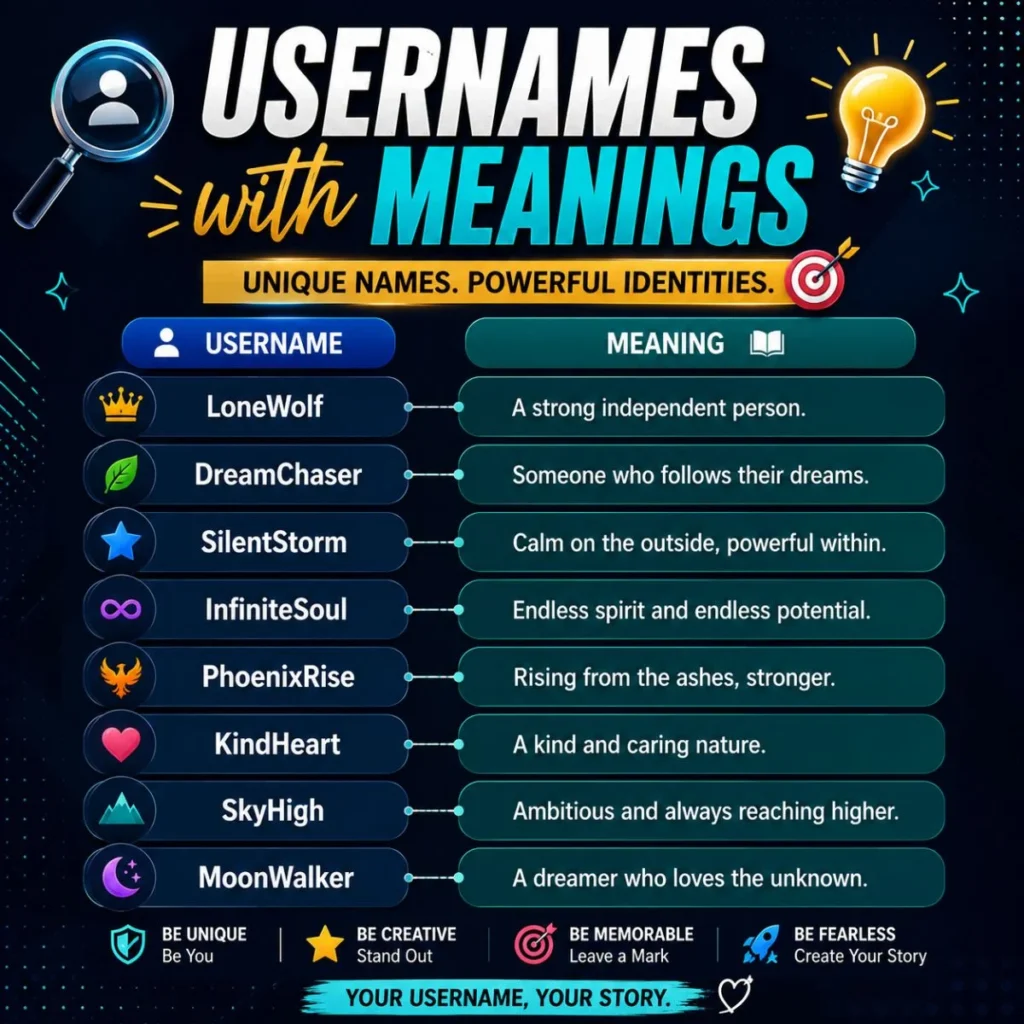 Usernames with meanings featuring creative, unique, and aesthetic username ideas with simple explanations for every personality.