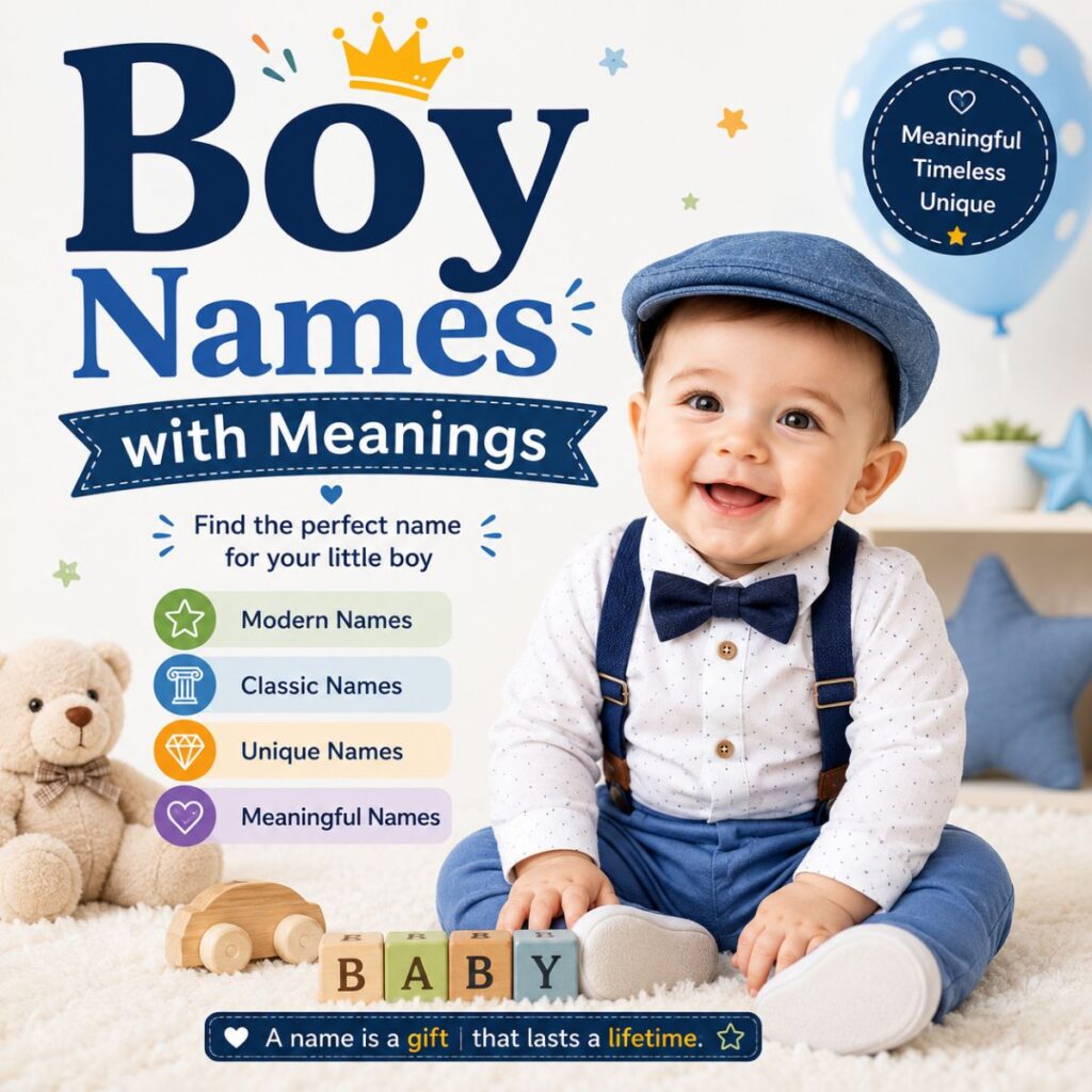 Smiling baby with boy names with meanings graphic featuring modern, classic, unique, and meaningful baby name ideas.