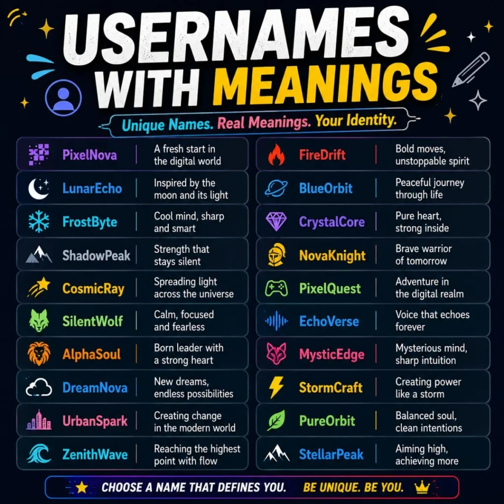 Usernames with meanings infographic featuring creative names, icons, and short identity-inspired descriptions.