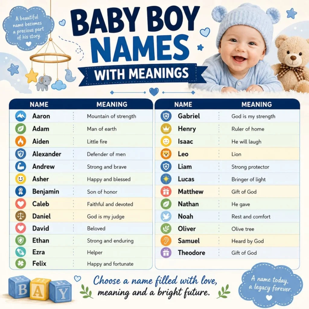Baby boy names with meanings infographic featuring popular names, a smiling baby, teddy bear, and blue nursery design.