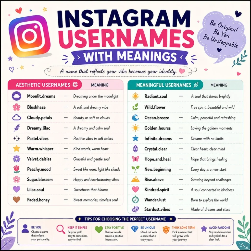 Instagram usernames with meanings infographic featuring aesthetic, positive, and meaningful username ideas with helpful tips.