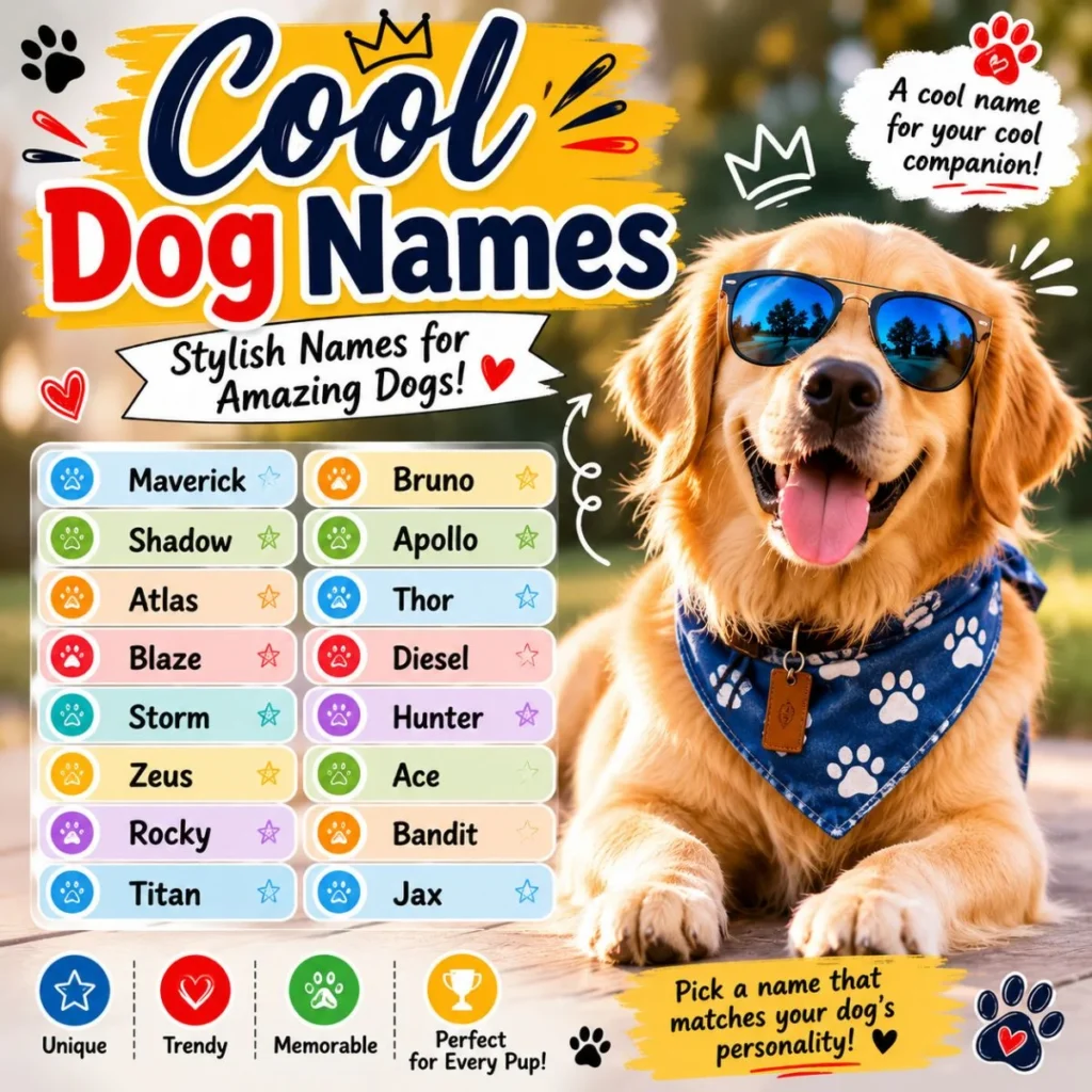 Cool dog names featuring a golden retriever in sunglasses with stylish name ideas