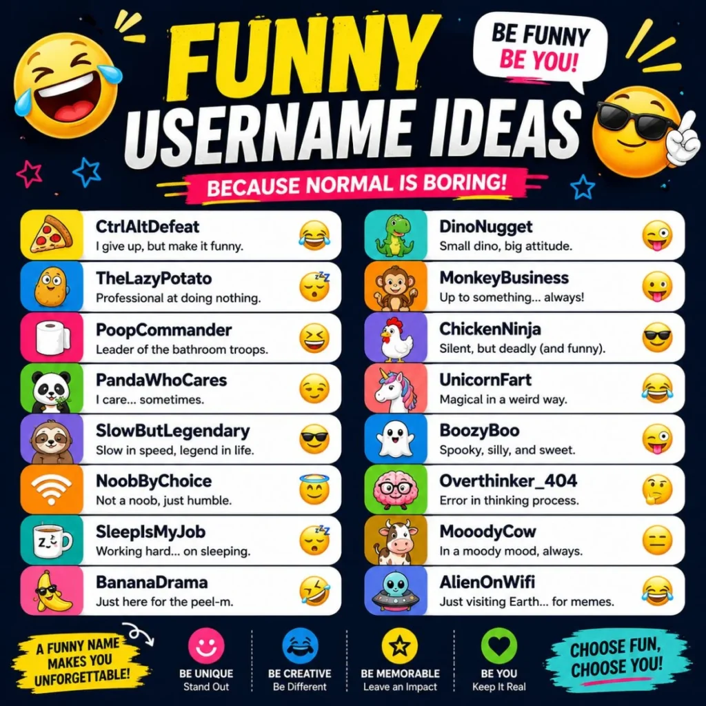 Funny username ideas featuring creative, hilarious, and unique usernames for gaming, social media, and online profiles.