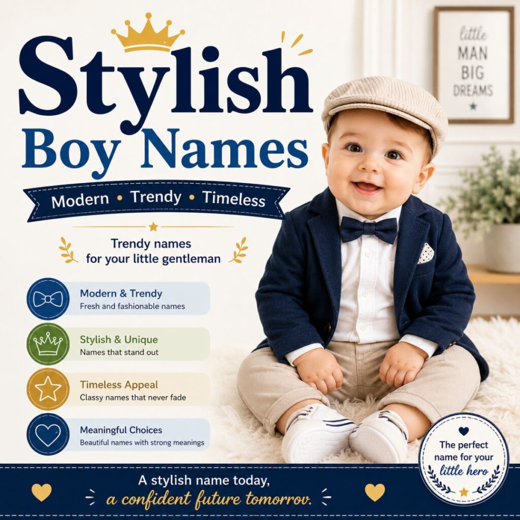 Smiling baby in a stylish outfit with stylish boy names banner featuring modern, trendy, and timeless baby name ideas.