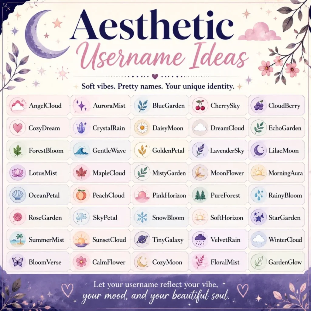 Aesthetic username ideas poster with soft pastel design featuring creative, cute, and dreamy usernames for social media.