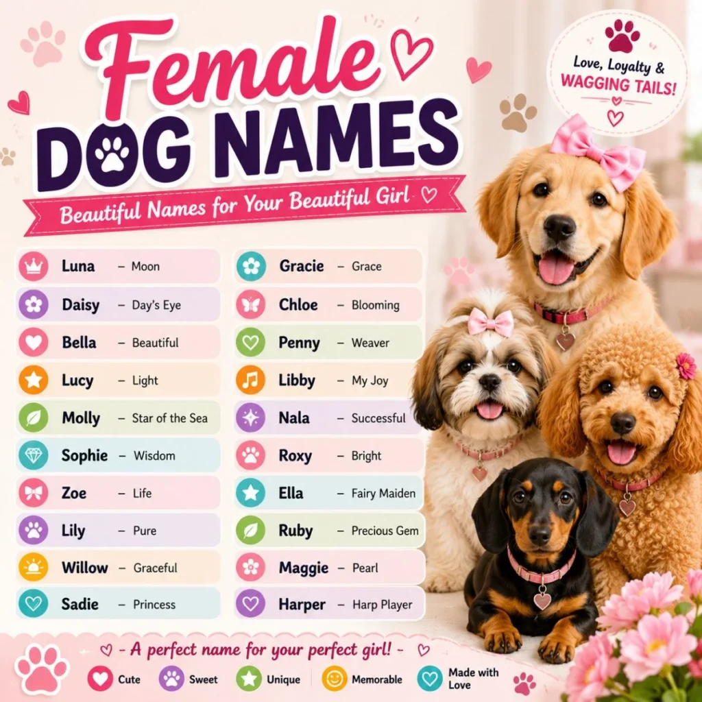 Female dog names featuring four adorable puppies with cute and meaningful name ideas