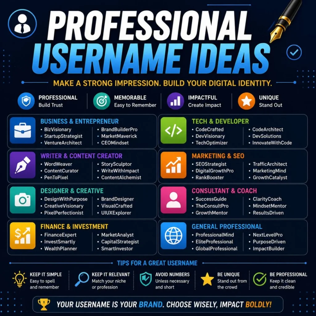 Professional username ideas with creative and business-friendly usernames for LinkedIn, social media, and personal branding.