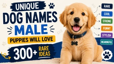 Golden retriever puppy with unique male dog names and 300+ rare name ideas.