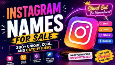 Colorful Instagram names for sale graphic with 300+ unique, cool, catchy, and brandable username ideas.