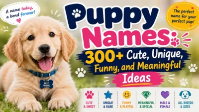Happy golden retriever puppy with 300+ cute, unique, funny, and meaningful puppy name ideas.
