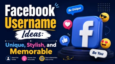 Facebook username ideas graphic with bold text, Facebook logo, reaction icons, and a stylish social media theme.