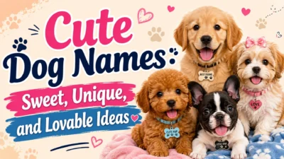 Cute dog names graphic featuring four adorable puppies with hearts, paw prints, and playful pink and blue text.