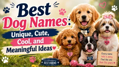 Best dog names graphic featuring four adorable puppies, colorful text, paw prints, toys, and personalized name tags.