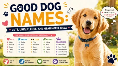 Good dog names infographic with a happy Golden Retriever and cute, unique, cool, and meaningful name ideas.