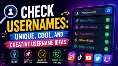 CheckUsernames graphic with creative username ideas, availability checks, and social media icons on a neon background.