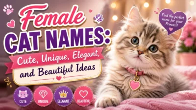 Female cat names graphic with a fluffy kitten, pink heart collar, and cute, unique, elegant name ideas.