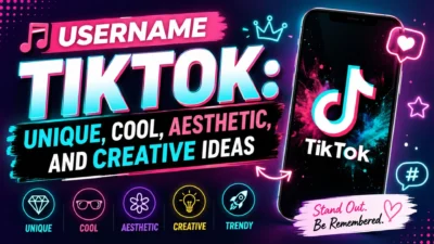 TikTok username ideas graphic with neon phone, TikTok logo, and unique, cool, aesthetic, creative themes.