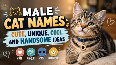 Male cat names graphic with a handsome tabby kitten, blue collar, and cute, unique, cool, handsome themes.