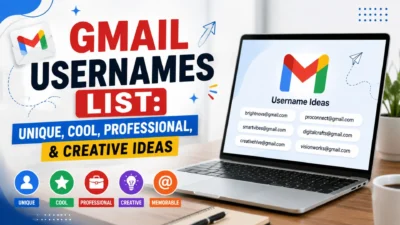 Gmail usernames list graphic with laptop, Gmail logo, and unique, cool, professional, creative username ideas.