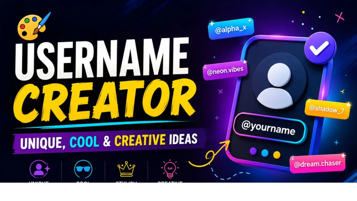 Username creator banner with neon profile card, stylish handles, and unique, cool, creative username ideas.