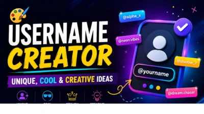 Username creator banner with neon profile card, stylish handles, and unique, cool, creative username ideas.