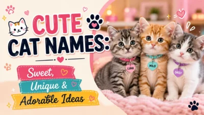 Cute cat names banner with three adorable kittens featuring sweet, unique, and charming name ideas.