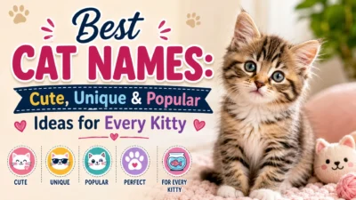 Fluffy kitten beside colorful best cat names text featuring cute, unique, and popular ideas for every kitty.