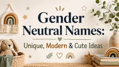 Gender neutral names banner with smiling children, colorful title text, teddy bear, books, and nursery decor.