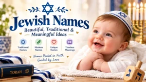 Jewish Names graphic with smiling baby, Star of David, Torah, menorah, tallit, and traditional Jewish symbols.