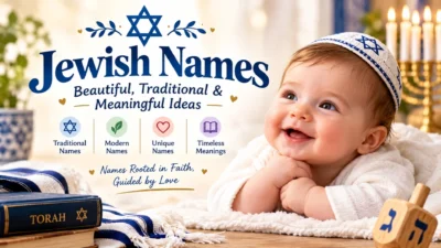 Jewish Names graphic with smiling baby, Star of David, Torah, menorah, tallit, and traditional Jewish symbols.