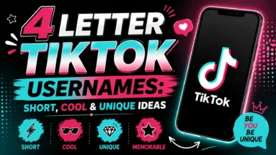 4 letter TikTok usernames graphic with short, cool, unique, and memorable username ideas.