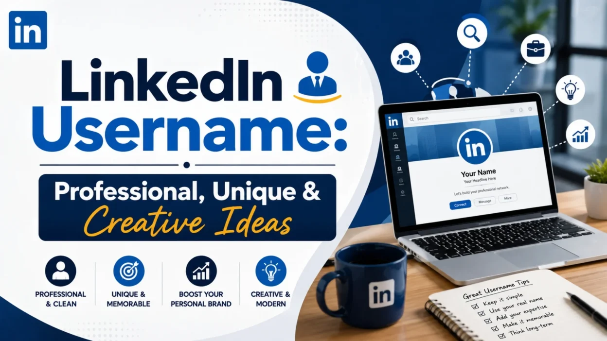 LinkedIn username ideas banner with laptop, profile screen, networking icons, and professional workspace.