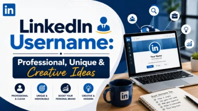 LinkedIn username ideas banner with laptop, profile screen, networking icons, and professional workspace.