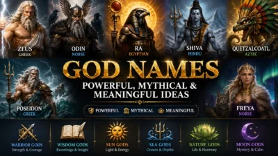 God names graphic featuring Zeus, Odin, Ra, Shiva, Poseidon, Freya, and mythological name ideas.