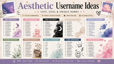 Aesthetic username ideas with cute, cool, dark, dreamy, vintage, nature, minimal, and pink styles.