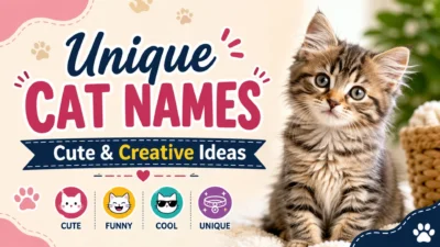 Cute kitten beside colorful text featuring unique cat names with cute, funny, cool, and creative ideas.