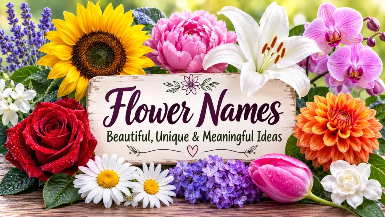 Colorful flower names banner with rose, sunflower, lily, orchid, tulip, daisies, peony, and hydrangea blooms.