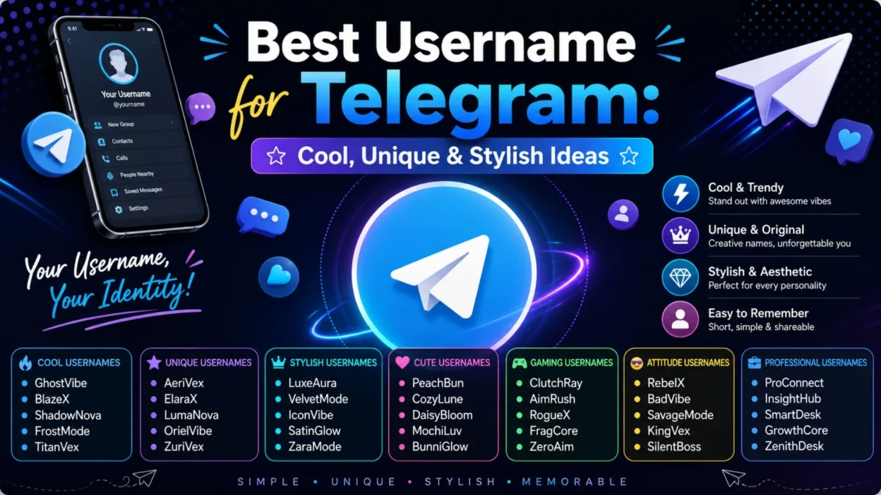 Telegram username ideas graphic with cool, unique, stylish, cute, gaming, attitude, and professional names.